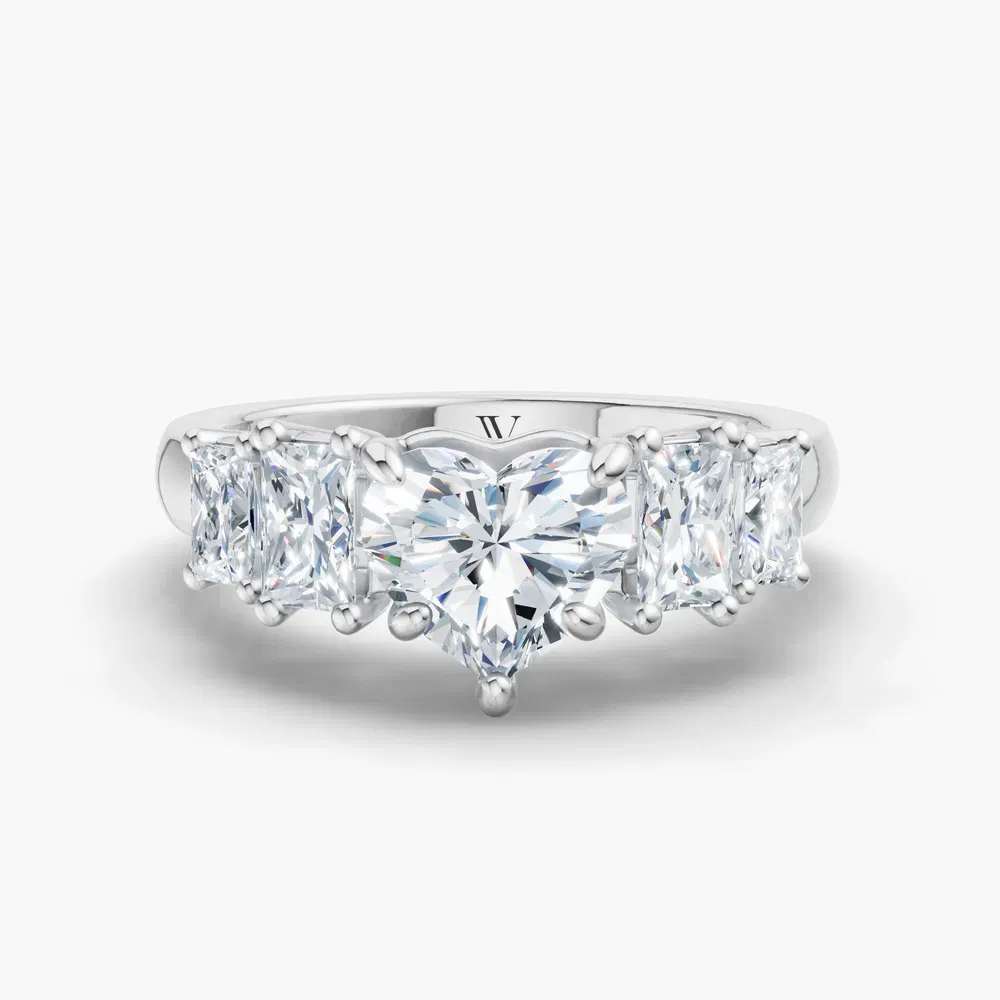 Certified 1 carat Lab Grown Diamond Heart Cut Five Stone, Side Stone Engagement Ring in 14K White Gold-Velaris