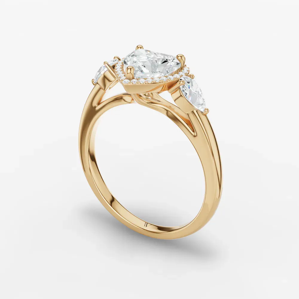 Certified 1 carat Lab Grown Diamond Heart Cut Halo, Cathedral, Three Stone Engagement Ring in 14K Yellow Gold-Daren