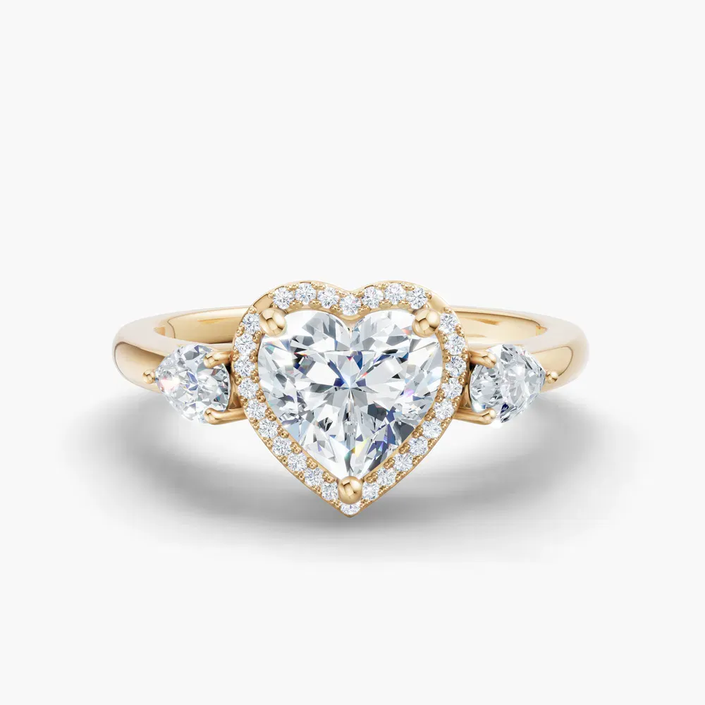 Certified 1 carat Lab Grown Diamond Heart Cut Halo, Cathedral, Three Stone Engagement Ring in 14K Yellow Gold-Daren