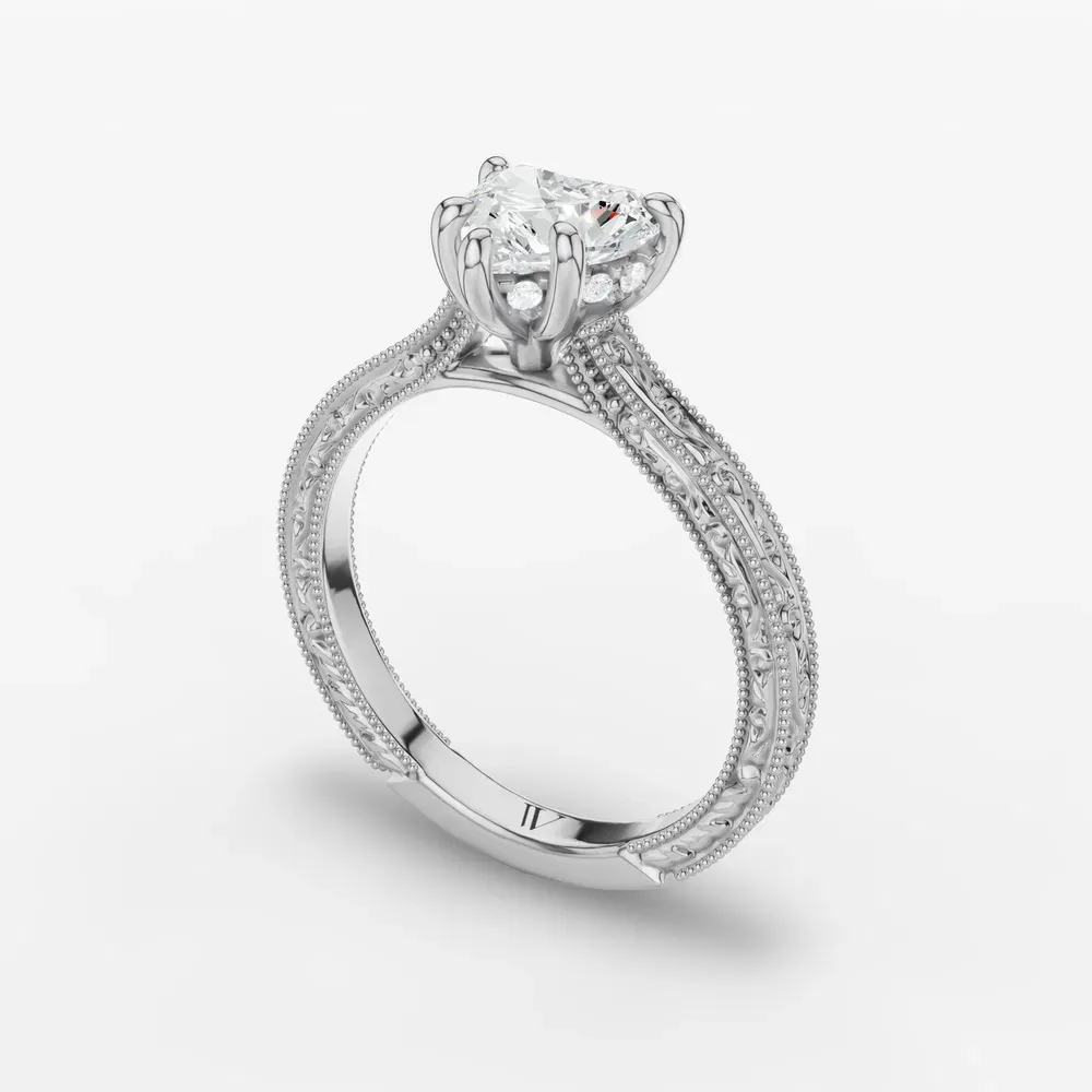 Certified 1 carat Lab Grown Diamond Heart Cut Hidden Halo, Cathedral, Vintage Engagement Ring in 14K White Gold-Echo