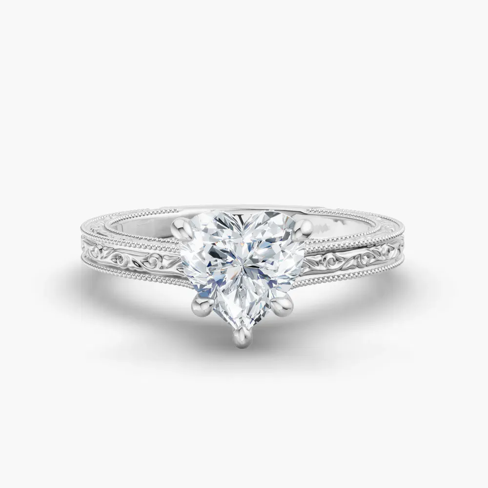 Certified 1 carat Lab Grown Diamond Heart Cut Hidden Halo, Cathedral, Vintage Engagement Ring in 14K White Gold-Echo