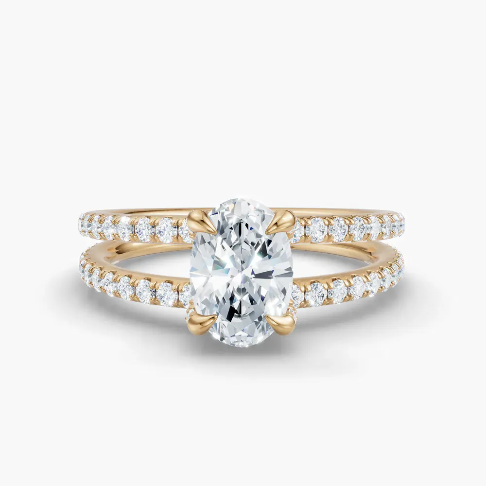 Certified 1 carat Lab Grown Diamond Oval Cut Pavé, Split Shank, Hidden Halo Engagement Ring in 14K Yellow Gold-Soren