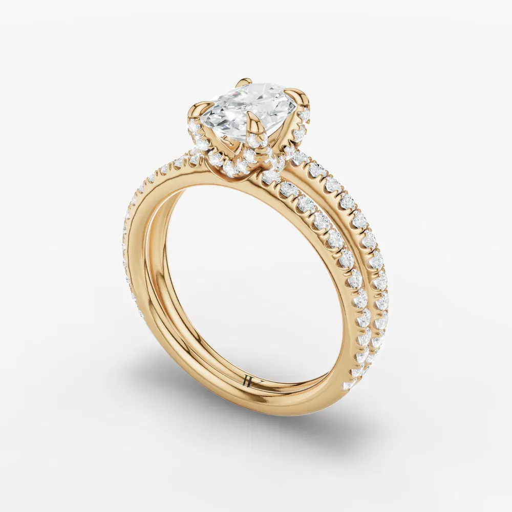 Certified 1 carat Lab Grown Diamond Oval Cut Pavé, Split Shank, Hidden Halo Engagement Ring in 14K Yellow Gold-Soren