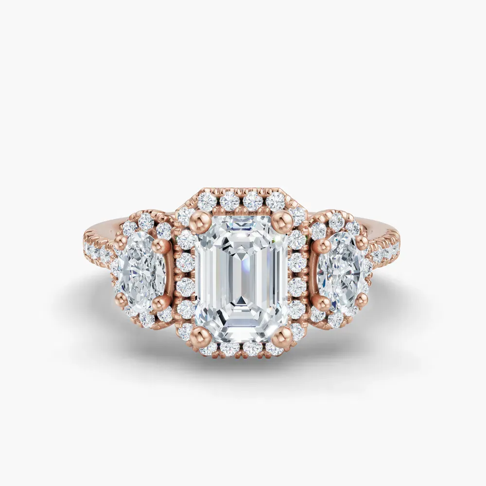 Certified 1 carat Lab Grown Diamond Emerald Cut Pavé, Three Stone, Halo Engagement Ring in 14K Rose Gold-Norell