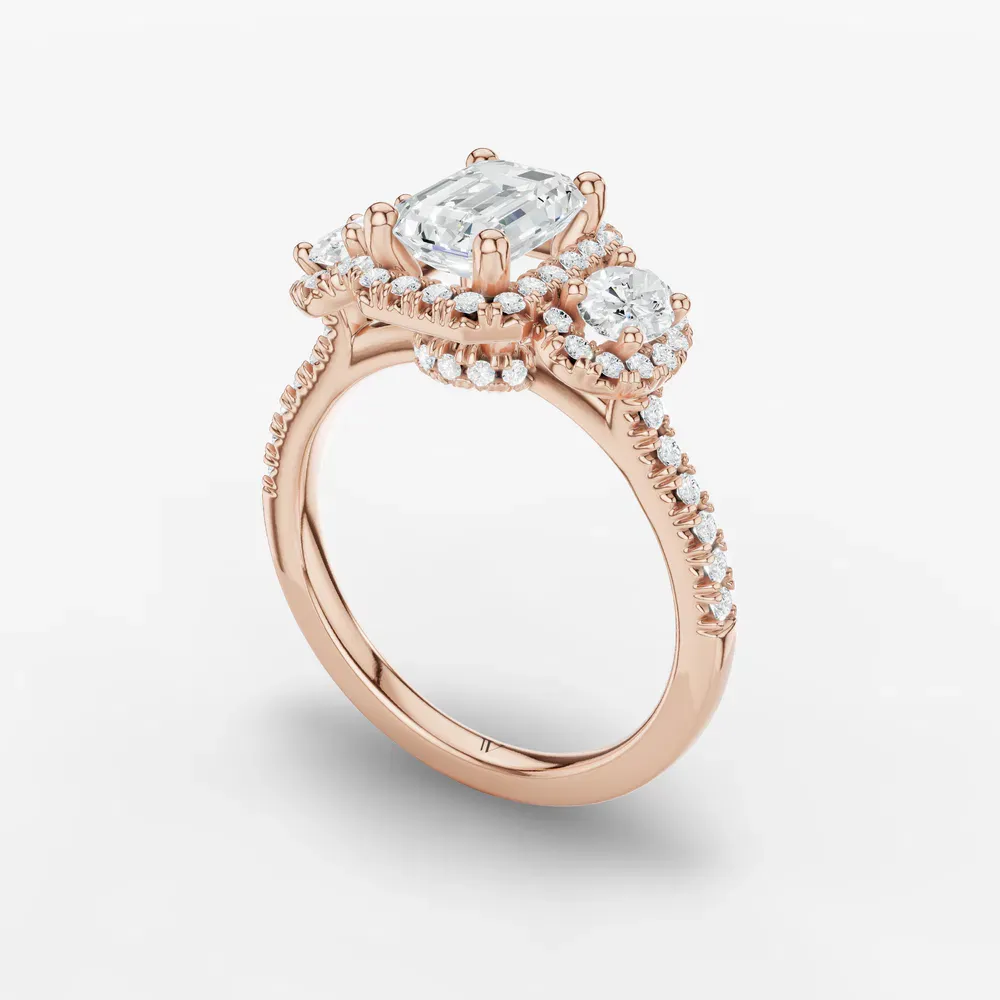 Certified 1 carat Lab Grown Diamond Emerald Cut Pavé, Three Stone, Halo Engagement Ring in 14K Rose Gold-Norell