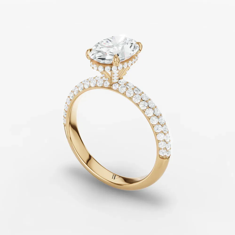 Certified 1 carat Lab Grown Diamond Oval Cut Pavé, Hidden Halo Engagement Ring in 14K Yellow Gold-Lyre