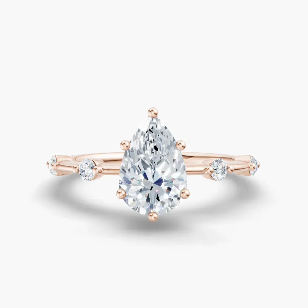 Certified 1 carat Lab Grown Diamond Pear Cut Low profile, Side Stone Engagement Ring in 14K Rose Gold-Hriw