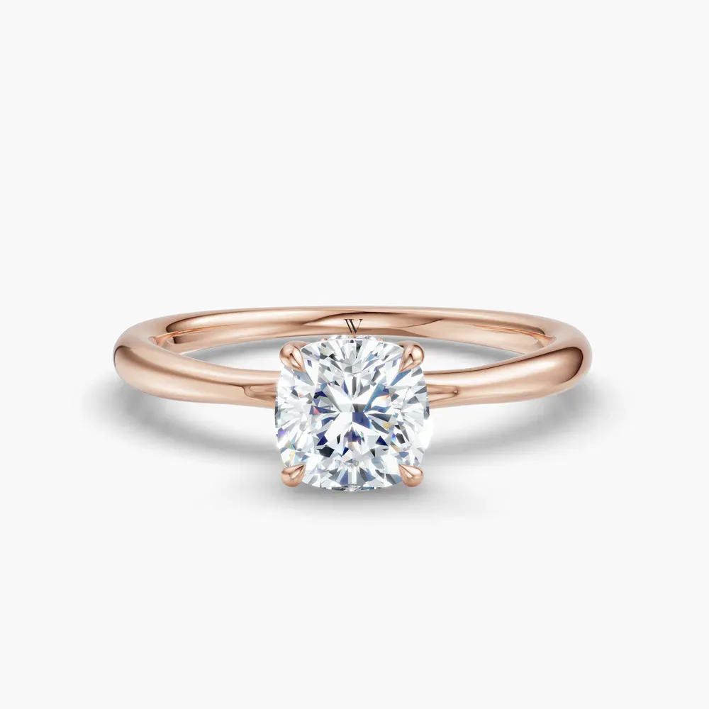 Certified 1 carat Lab Grown Diamond Cushion Cut Hidden Halo, Solitaire, Low profile Engagement Ring in 14K Rose Gold-Anomis
