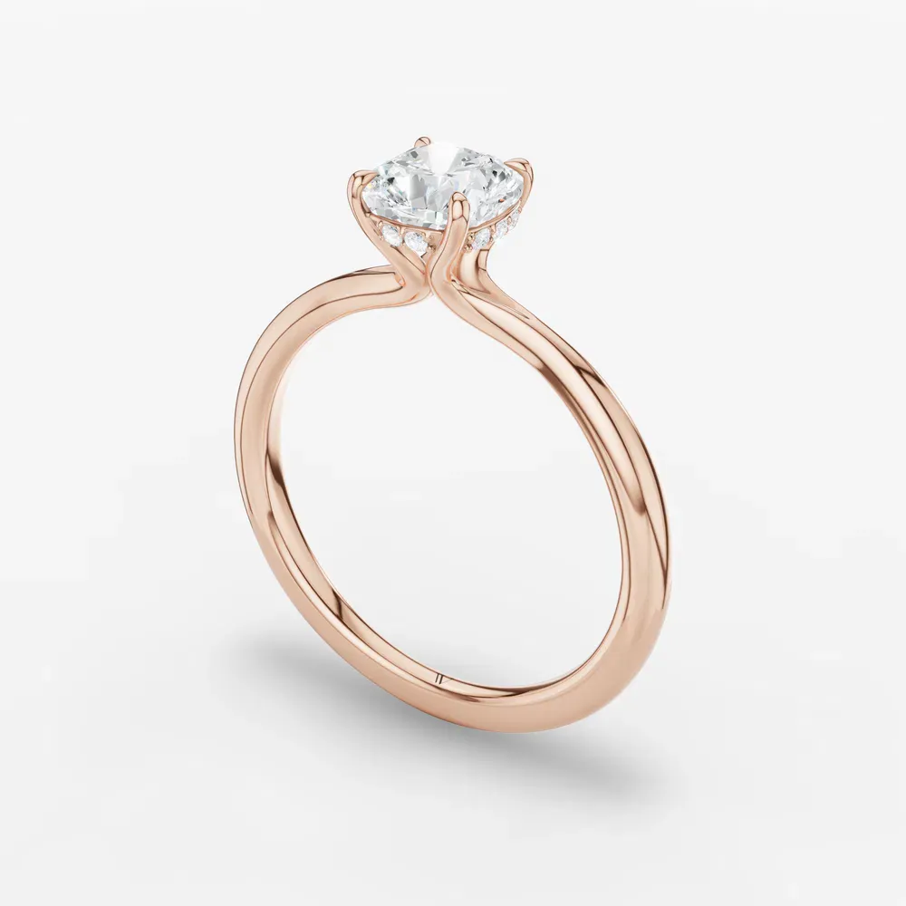 Certified 1 carat Lab Grown Diamond Cushion Cut Hidden Halo, Solitaire, Low profile Engagement Ring in 14K Rose Gold-Anomis