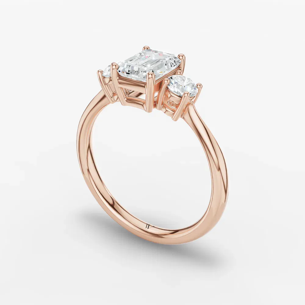 Certified 1 carat Lab Grown Diamond Emerald Cut Three Stone, Side Stone, Low profile Engagement Ring in 14K Rose Gold-Dhyra