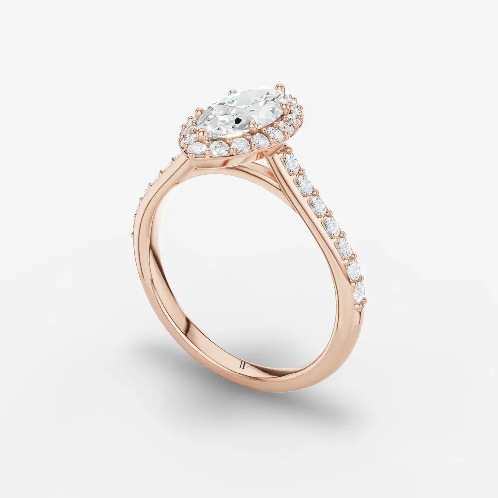 Certified 1 carat Lab Grown Diamond Marquise Cut Pavé, Halo, Cathedral Engagement Ring in 14K Rose Gold-Kvolt