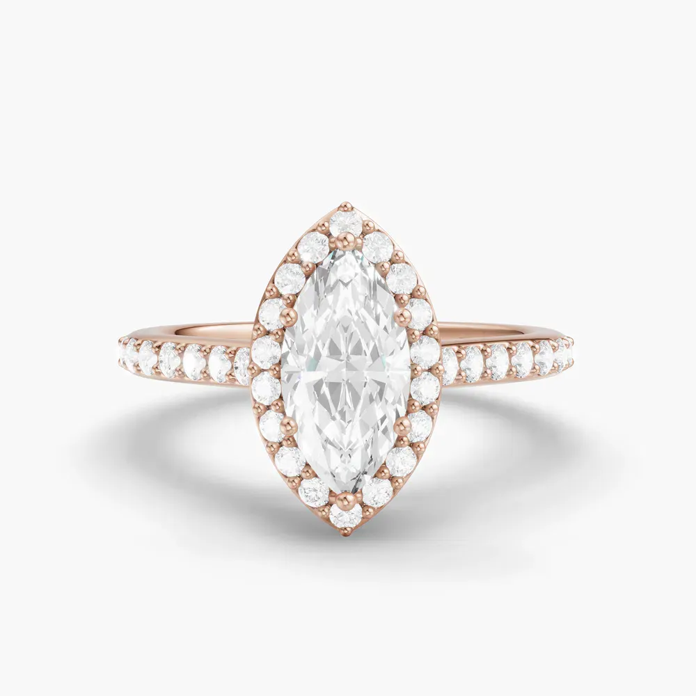Certified 1 carat Lab Grown Diamond Marquise Cut Pavé, Halo, Cathedral Engagement Ring in 14K Rose Gold-Kvolt