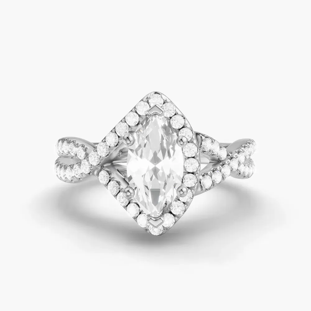Certified 1 carat Lab Grown Diamond Marquise Cut Unique, Pavé, Halo Engagement Ring in 14K White Gold-Stellune