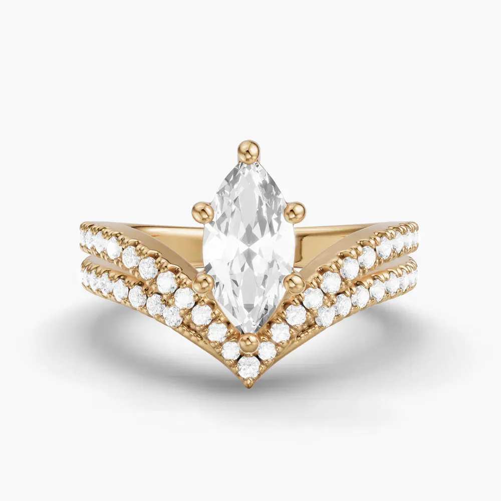 Certified 1 carat Lab Grown Diamond Marquise Cut Pavé, Unique, Floating Engagement Ring in 14K Yellow Gold-Soli
