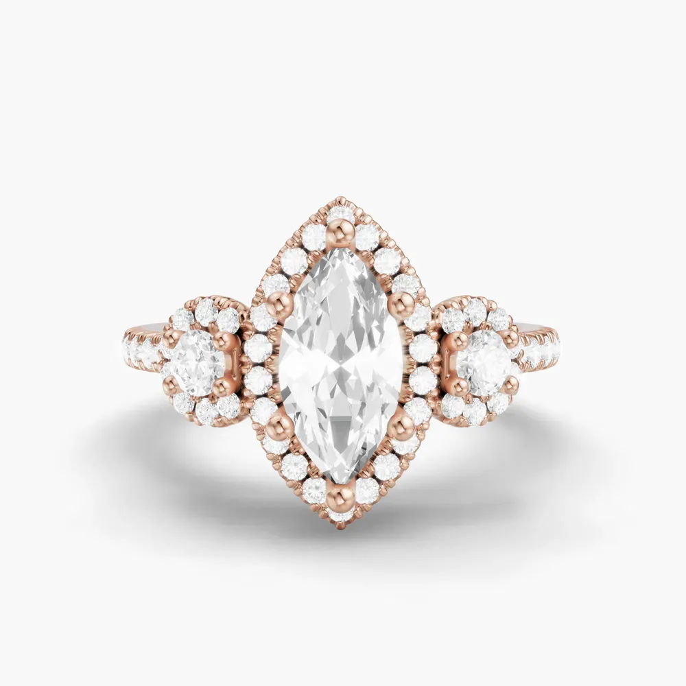 Certified 1 carat Lab Grown Diamond Marquise Cut Three Stone, Halo, Hidden Halo Engagement Ring in 14K Rose Gold-Hylor