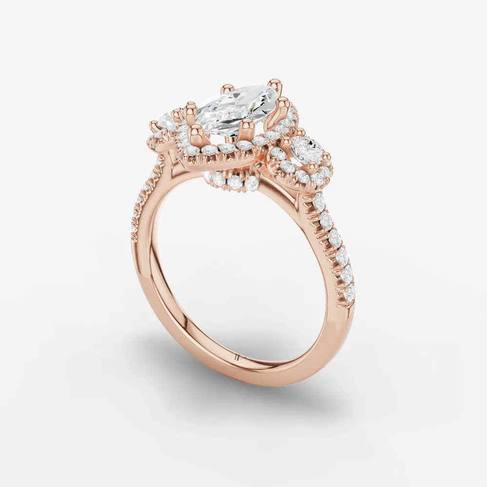 Certified 1 carat Lab Grown Diamond Marquise Cut Three Stone, Halo, Hidden Halo Engagement Ring in 14K Rose Gold-Hylor