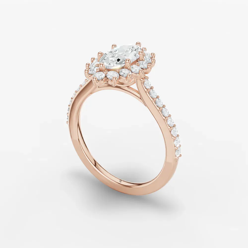 Certified 1 carat Lab Grown Diamond Marquise Cut Pavé, Halo, Floral Engagement Ring in 14K Rose Gold-Elite Juniper