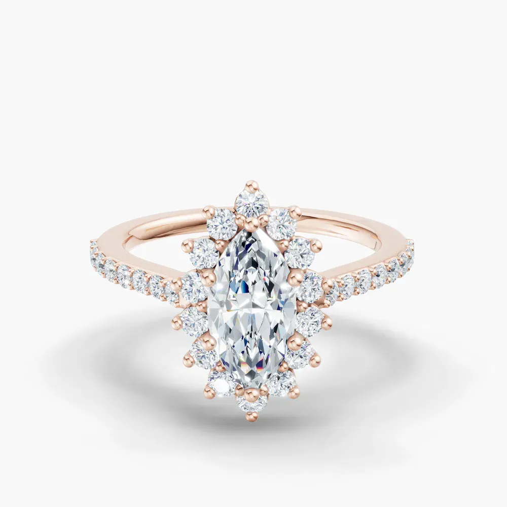 Certified 1 carat Lab Grown Diamond Marquise Cut Pavé, Halo, Floral Engagement Ring in 14K Rose Gold-Elite Juniper