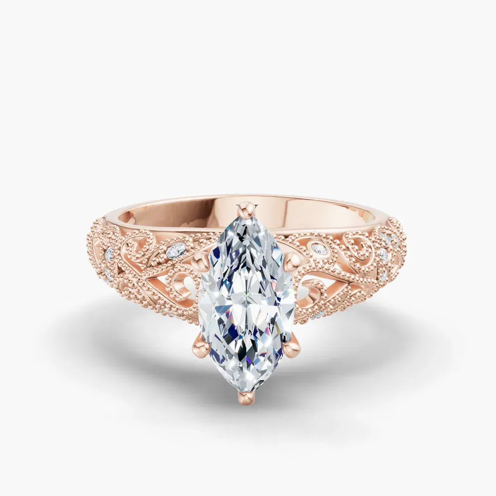 Certified 1 carat Lab Grown Diamond Marquise Cut Vintage, Milgrain, Filigree Engagement Ring in 14K Rose Gold-Jaxen