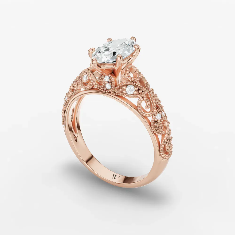 Certified 1 carat Lab Grown Diamond Marquise Cut Vintage, Milgrain, Filigree Engagement Ring in 14K Rose Gold-Jaxen