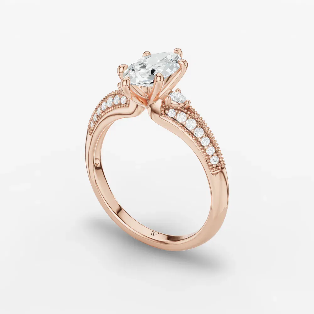 Certified 1 carat Lab Grown Diamond Marquise Cut Milgrain, Three Stone, Pavé Engagement Ring in 14K Rose Gold-Avery