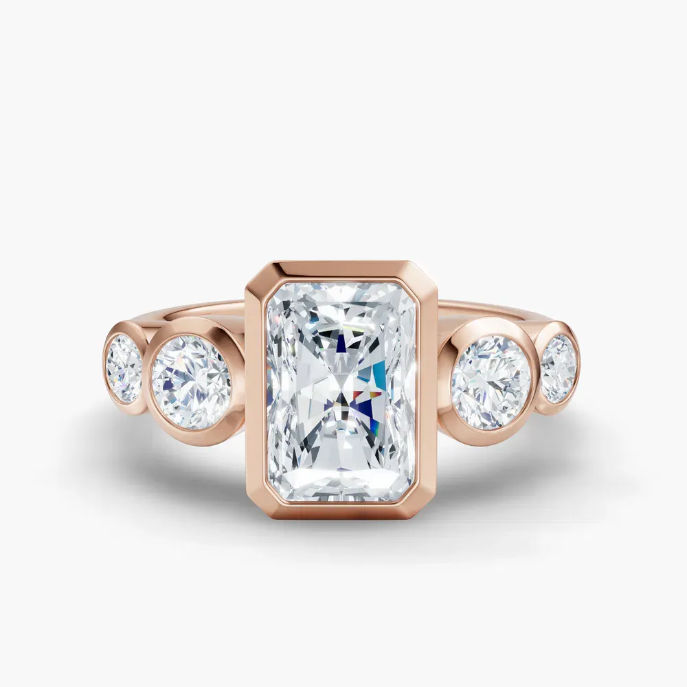 Certified 1 carat Lab Grown Diamond Radiant Cut Five Stone, Milgrain, Bezel Engagement Ring in 14K Rose Gold-Sole