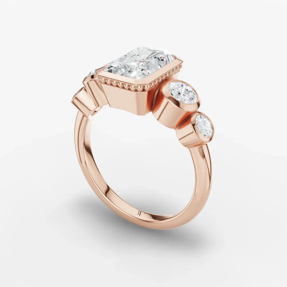 Certified 1 carat Lab Grown Diamond Radiant Cut Five Stone, Milgrain, Bezel Engagement Ring in 14K Rose Gold-Sole