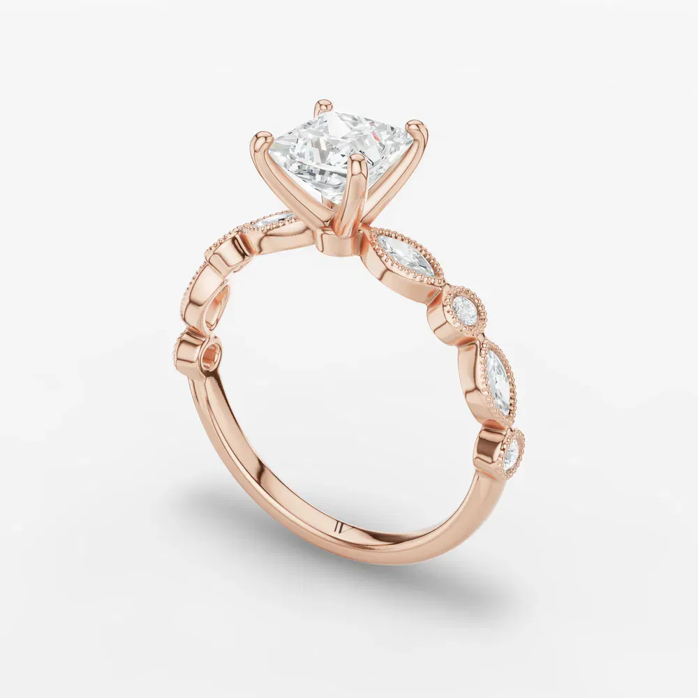 Certified 1 carat Lab Grown Diamond Princess Cut Vintage, Milgrain, Side Stone Engagement Ring in 14K Rose Gold-Sior