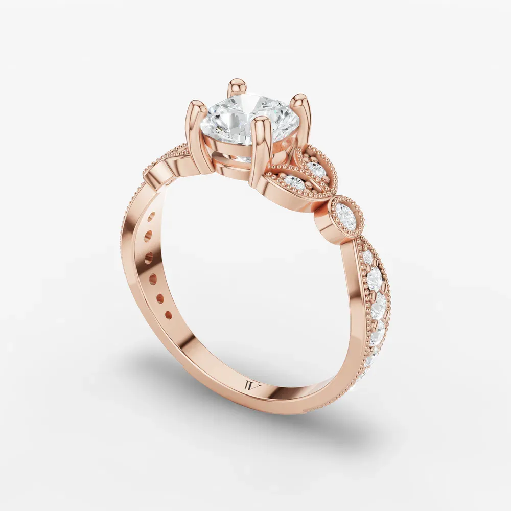 Certified 1 carat Lab Grown Diamond Cushion Cut Milgrain, Vintage, Side Stone Engagement Ring in 14K Rose Gold-Skye