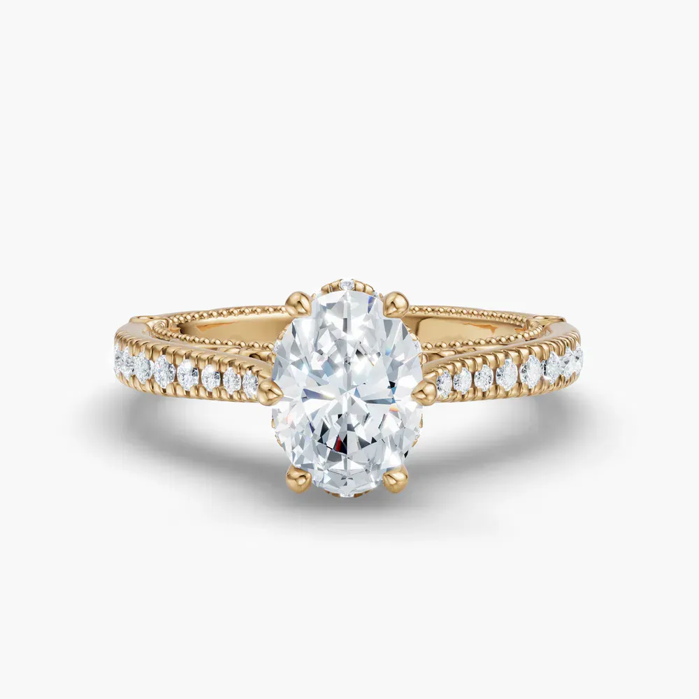 Certified 1 carat Lab Grown Diamond Oval Cut Milgrain, Filigree, Nature inspired Engagement Ring in 14K Yellow Gold-Vespera