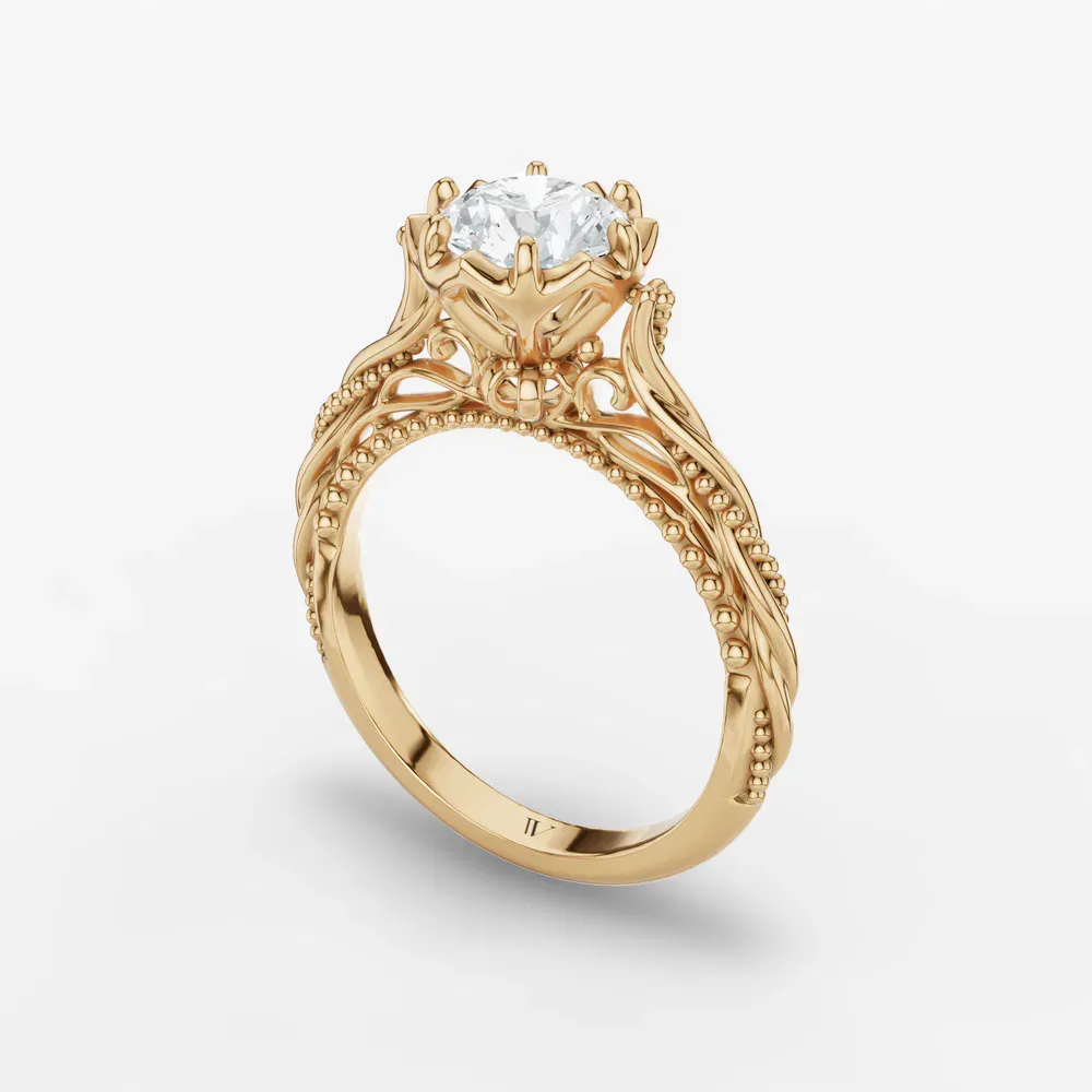 Certified 1 carat Lab Grown Diamond Round Cut Solitaire, Milgrain, Vintage Engagement Ring in 14K Yellow Gold-Thistle