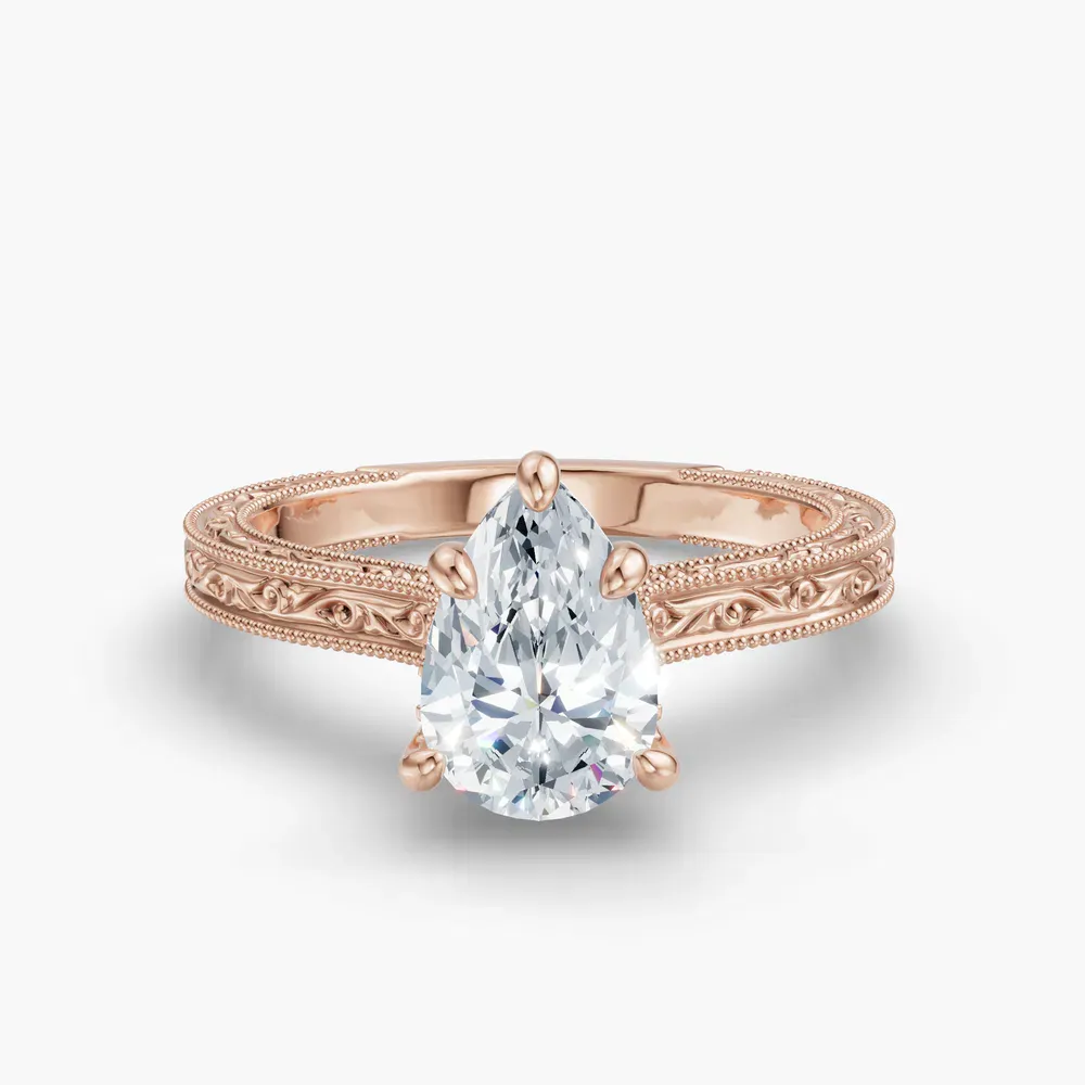 Certified 1 carat Lab Grown Diamond Pear Cut Hidden Halo, Cathedral, Vintage Engagement Ring in 14K Rose Gold-Echo