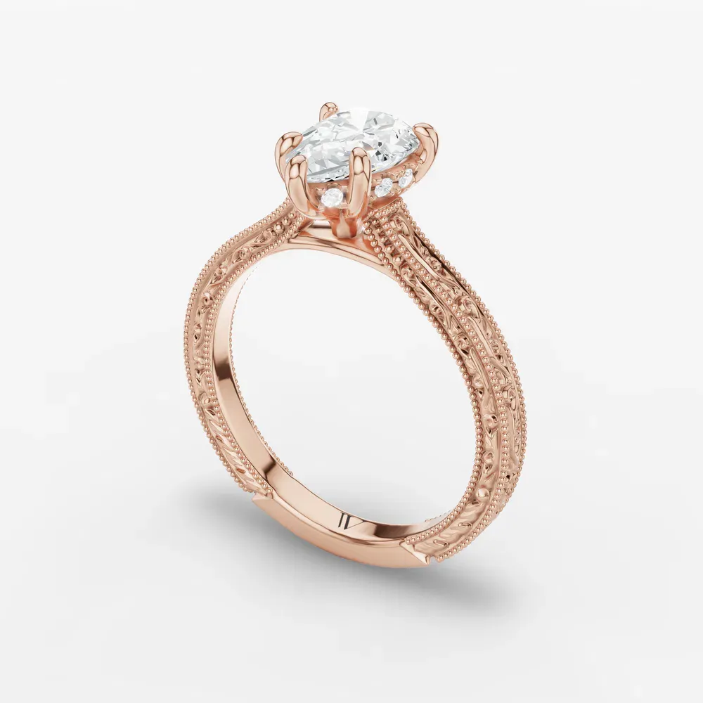 Certified 1 carat Lab Grown Diamond Pear Cut Hidden Halo, Cathedral, Vintage Engagement Ring in 14K Rose Gold-Echo