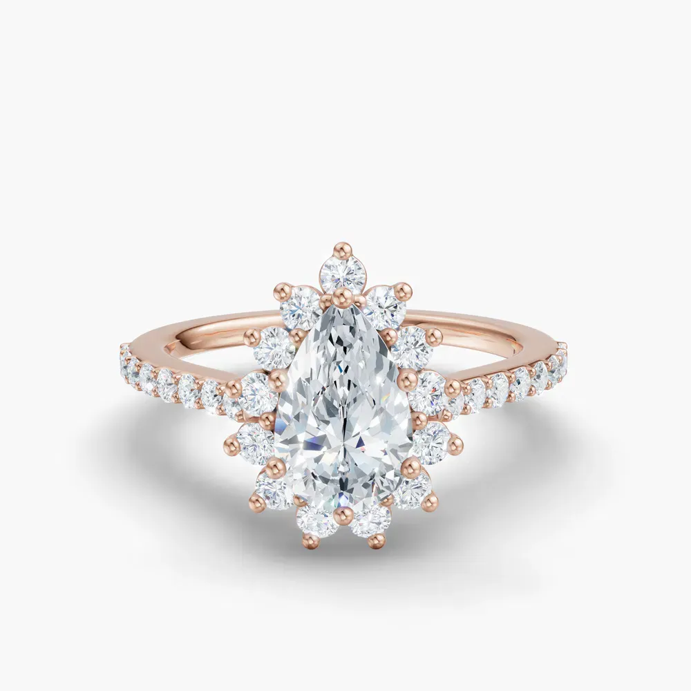 Certified 1 carat Lab Grown Diamond Pear Cut Pavé, Halo, Floral Engagement Ring in 14K Rose Gold-Elite Juniper