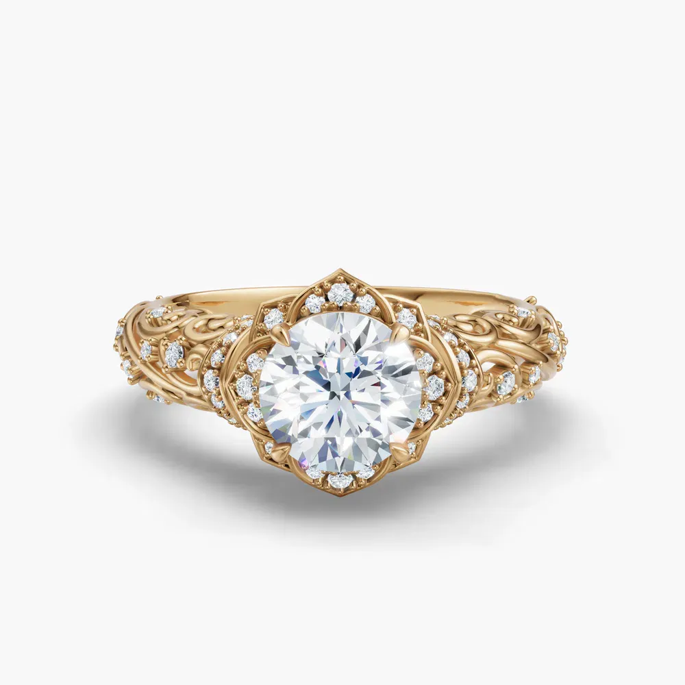 Certified 1 carat Lab Grown Diamond Round Cut Vintage, Filigree, Floral Engagement Ring in 14K Yellow Gold-Delyn