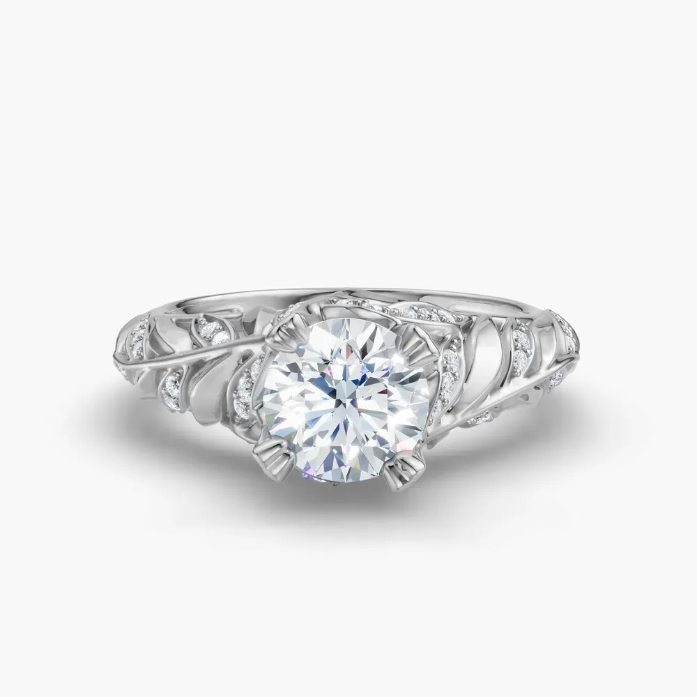 Certified 1 carat Lab Grown Diamond Round Cut Nature inspired, Vintage, Unique Engagement Ring in 14K White Gold-Vibe