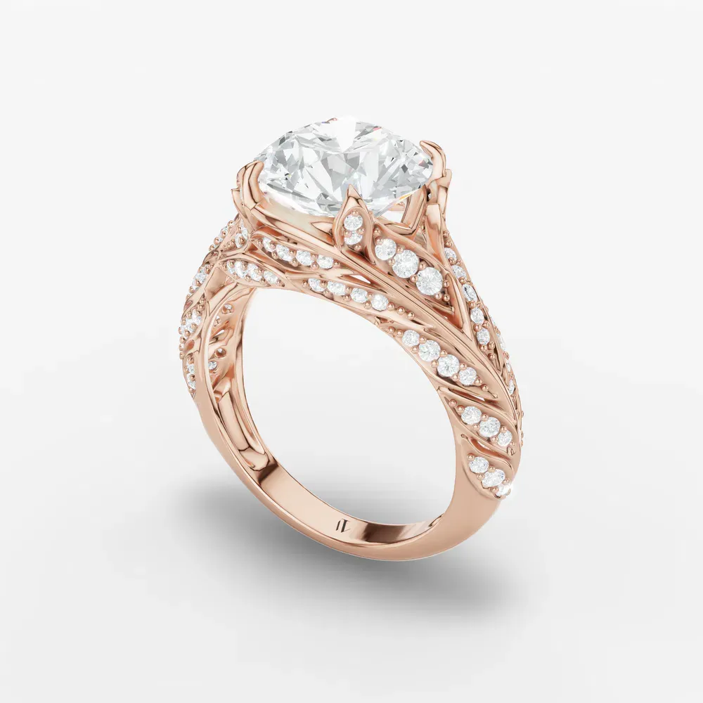 Certified 2 carat Lab Grown Diamond Round Cut Nature inspired, Pavé, Four Prong Engagement Ring in 14K Rose Gold-Rift