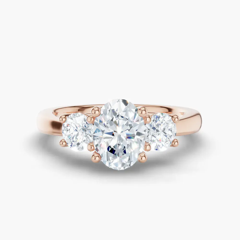 Certified 1 carat Lab Grown Diamond Oval Cut Three Stone, Side Stone, Low profile Engagement Ring in 14K Rose Gold-Valeri
