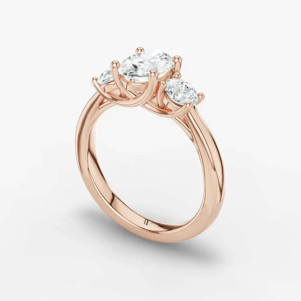 Certified 1 carat Lab Grown Diamond Oval Cut Three Stone, Side Stone, Low profile Engagement Ring in 14K Rose Gold-Valeri