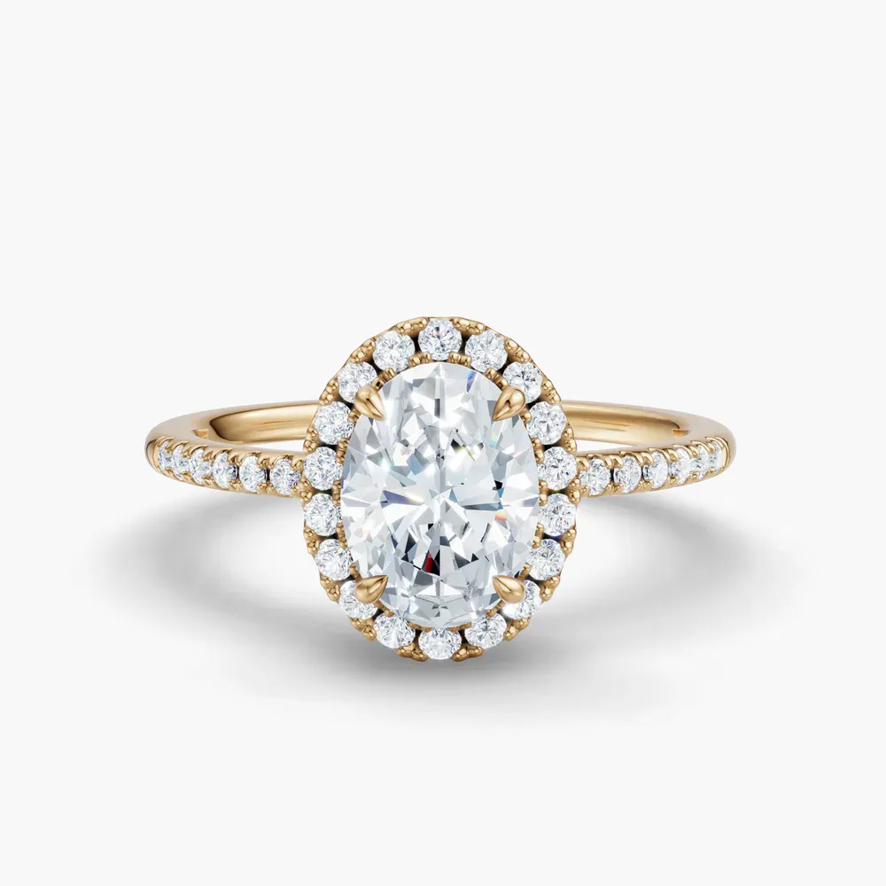 Certified 1 carat Lab Grown Diamond Oval Cut Halo, Pavé, Classic Engagement Ring in 14K Yellow Gold-Elite Vaelumette