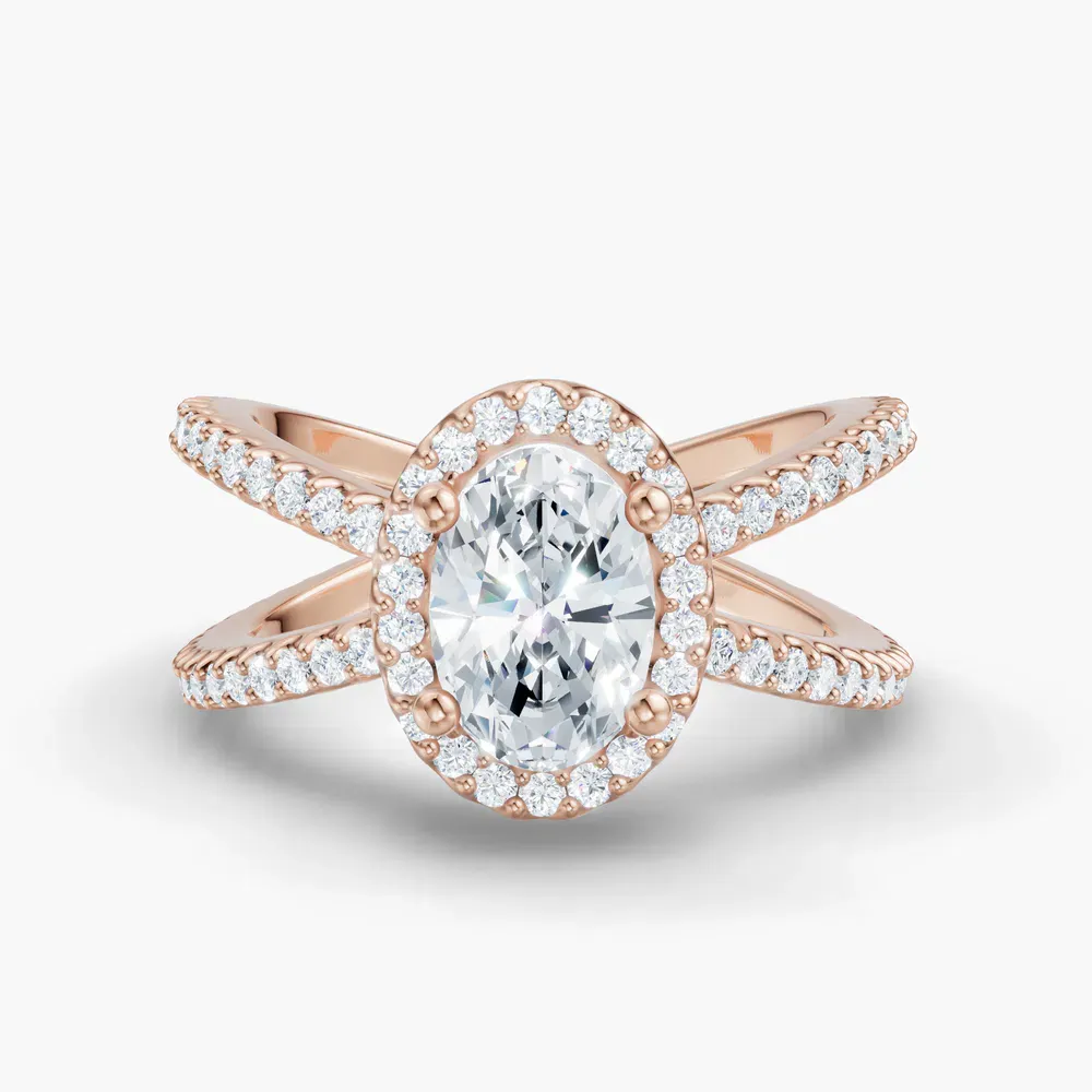 Certified 1 carat Lab Grown Diamond Oval Cut Pavé, Halo, Split Shank Engagement Ring in 14K Rose Gold-Xylius