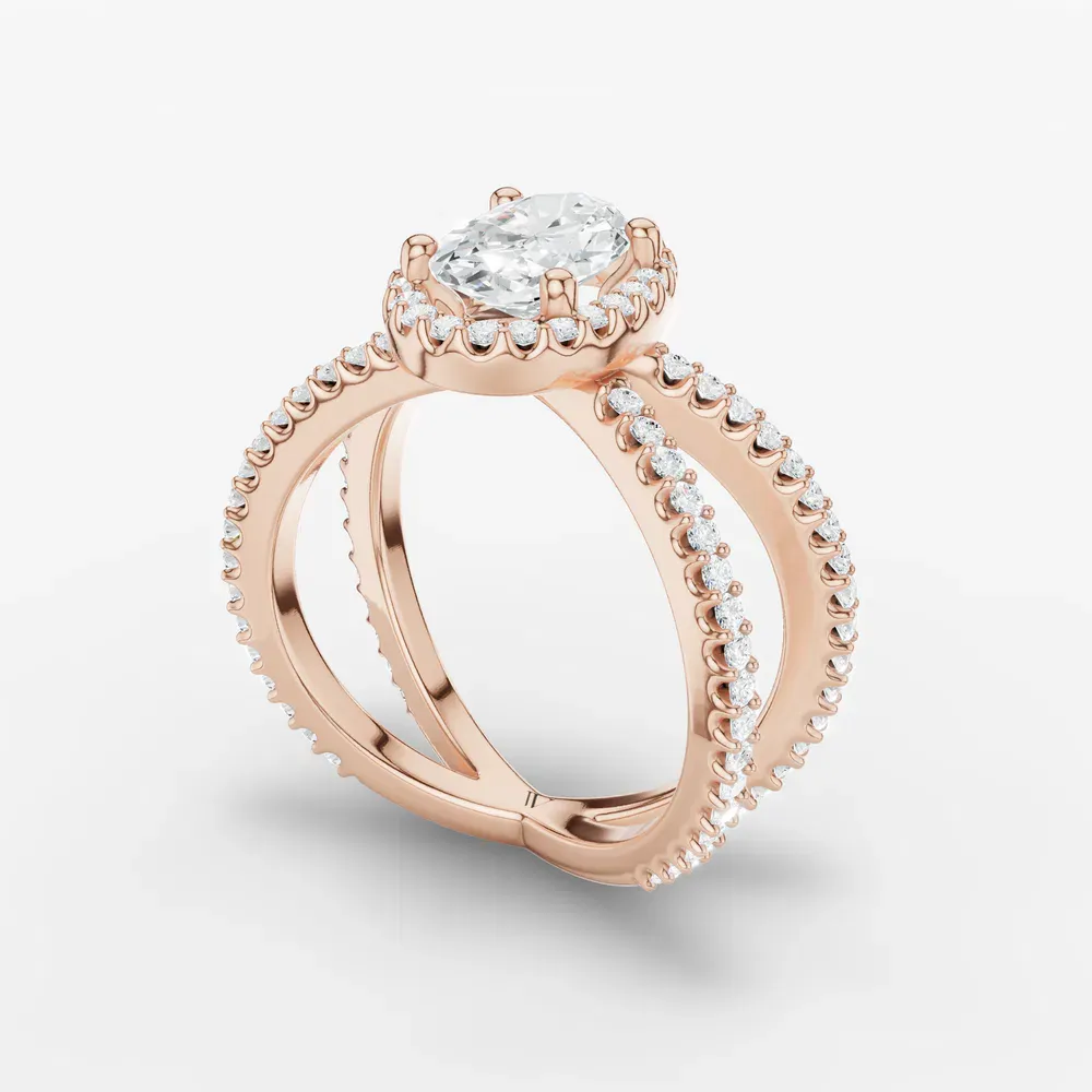 Certified 1 carat Lab Grown Diamond Oval Cut Pavé, Halo, Split Shank Engagement Ring in 14K Rose Gold-Xylius