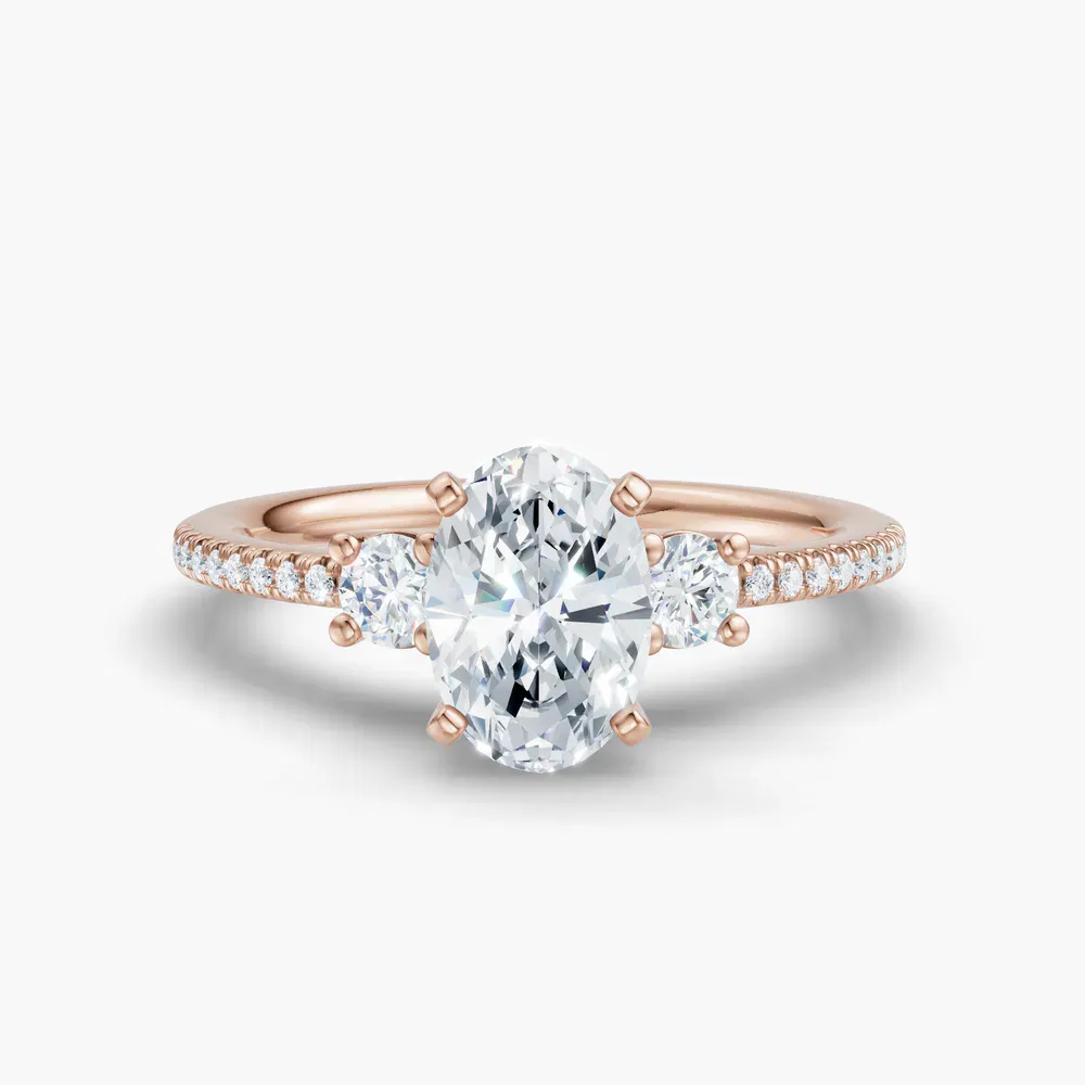 Certified 1 carat Lab Grown Diamond Oval Cut Three Stone, Pavé, Side Stone Engagement Ring in 14K Rose Gold-Vynix