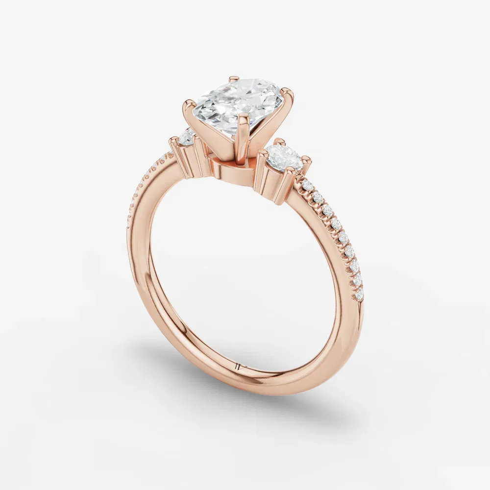 Certified 1 carat Lab Grown Diamond Oval Cut Three Stone, Pavé, Side Stone Engagement Ring in 14K Rose Gold-Vynix