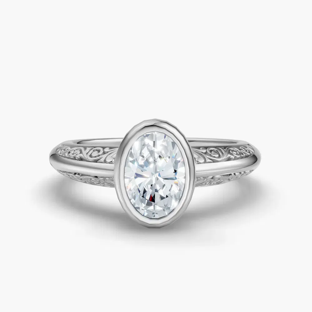Certified 1 carat Lab Grown Diamond Oval Cut Solitaire, Vintage, Bezel Engagement Ring in 14K White Gold-Veyra