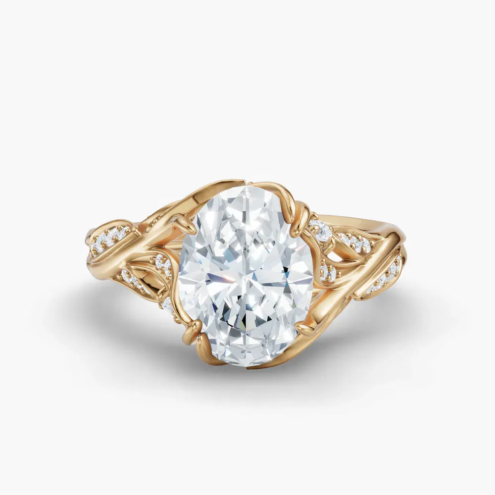 Certified 1 carat Lab Grown Diamond Oval Cut Nature inspired, Twist, Pavé Engagement Ring in 14K Yellow Gold-Hush