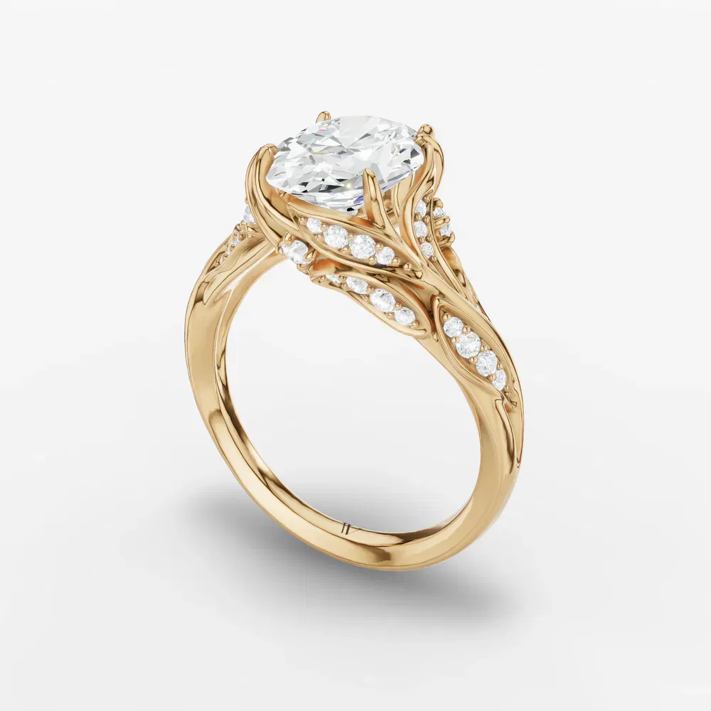 Certified 1 carat Lab Grown Diamond Oval Cut Nature inspired, Twist, Pavé Engagement Ring in 14K Yellow Gold-Hush