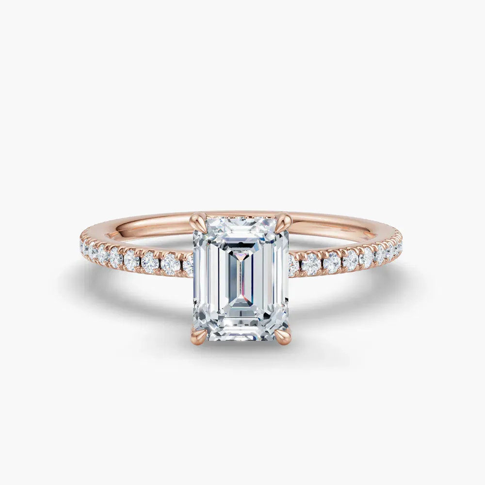Certified 1 carat Lab Grown Diamond Emerald Cut Pavé, Hidden Halo Engagement Ring in 14K Rose Gold-Orhi