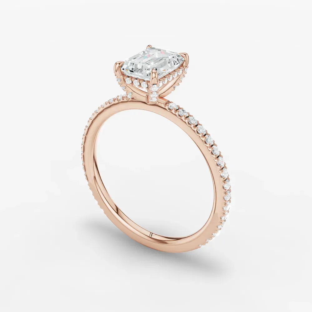 Certified 1 carat Lab Grown Diamond Emerald Cut Pavé, Hidden Halo Engagement Ring in 14K Rose Gold-Orhi