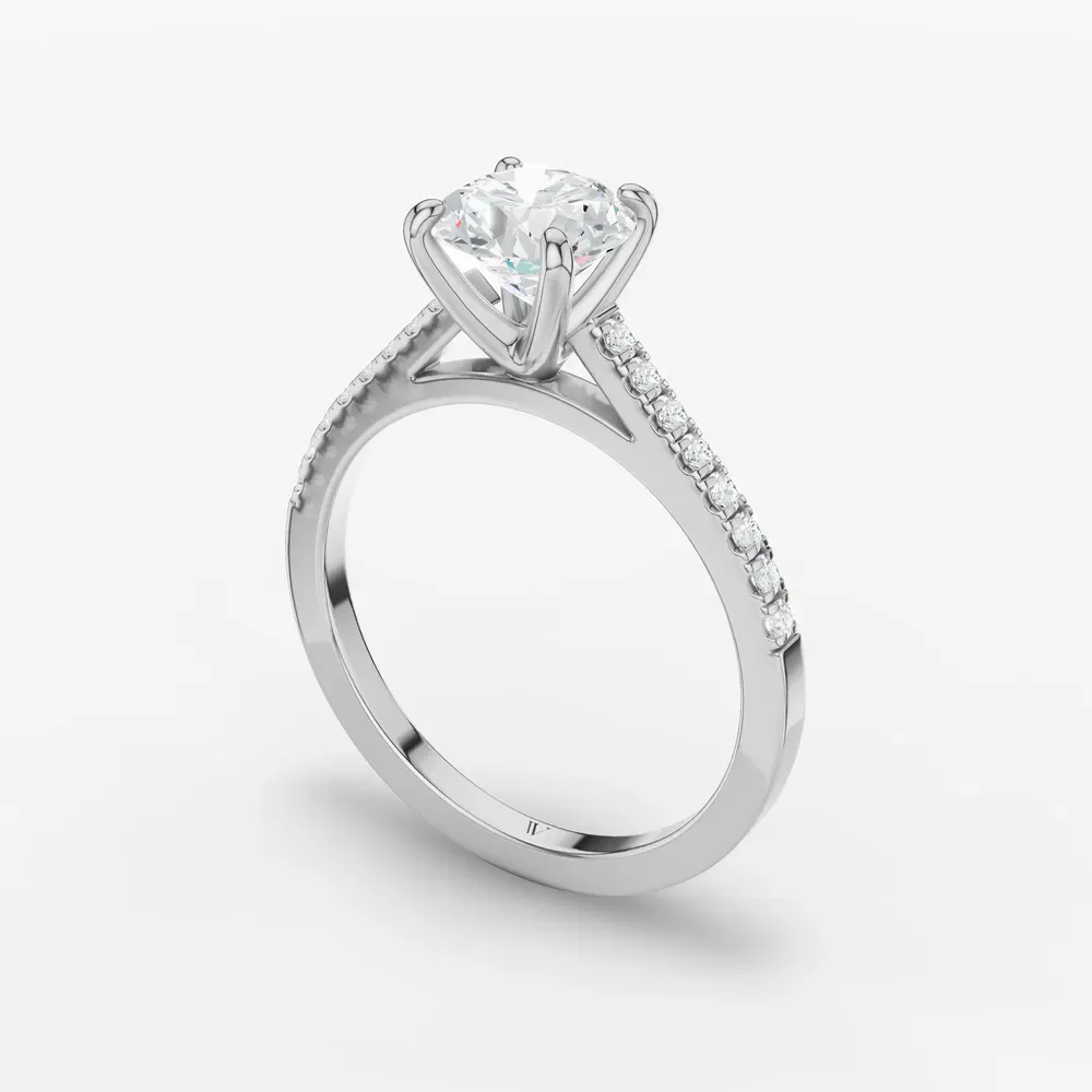 Certified 1 carat Lab Grown Diamond Round Cut Pavé, Cathedral, Four Prong Engagement Ring in 14K White Gold-Zirellun
